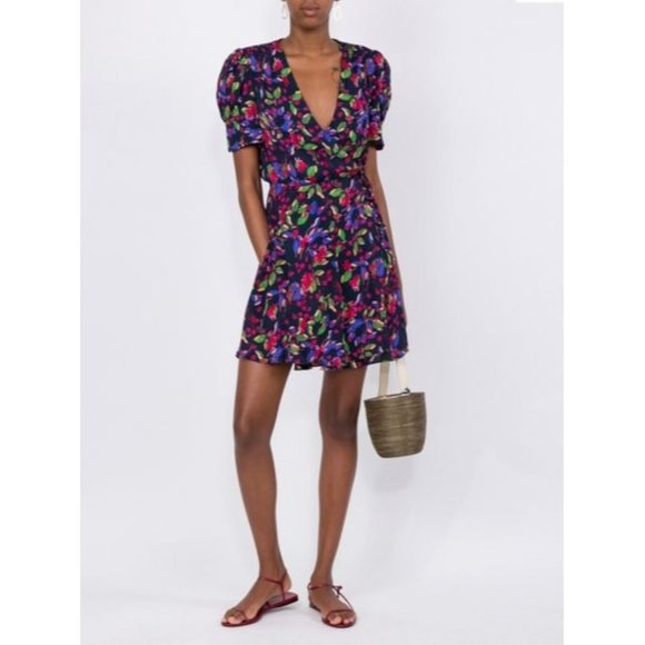 Saloni NWT Lea Blue Wrap Floral Mini Dress 4 - Picture 1 of 5